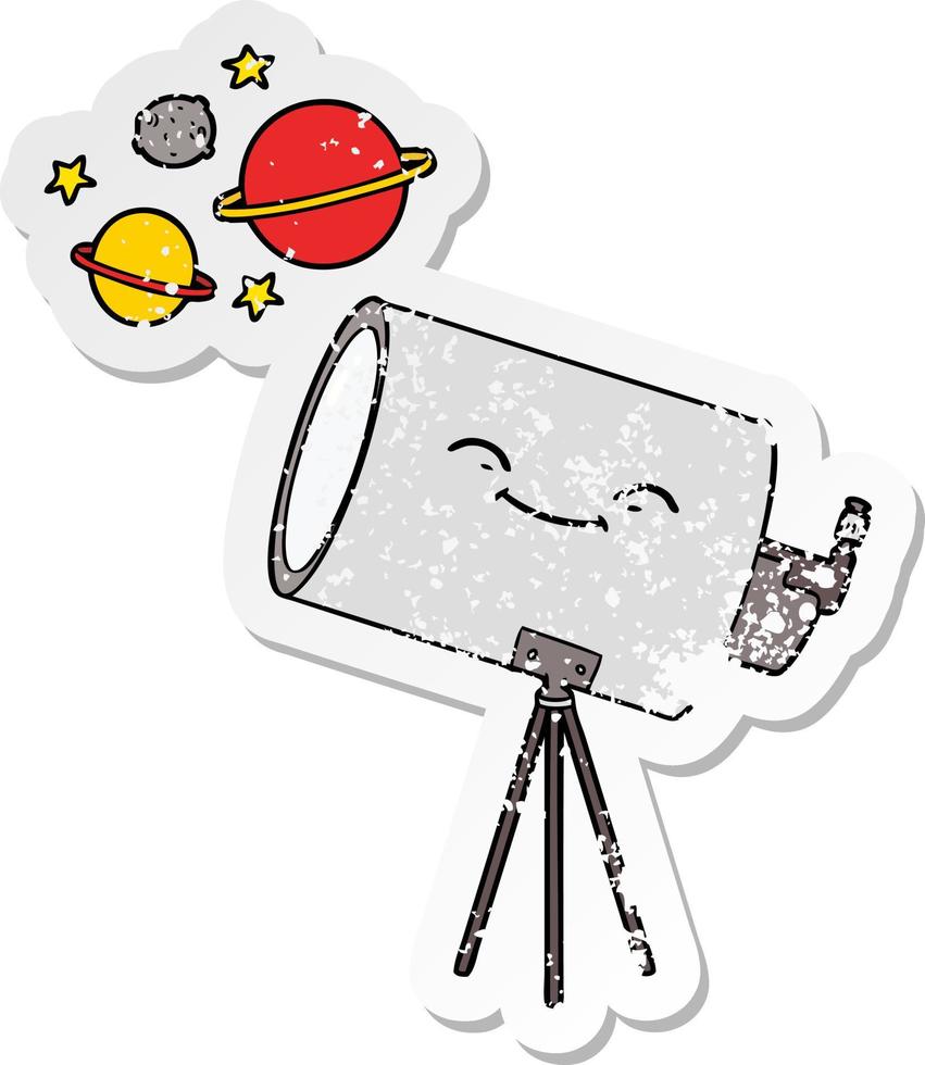 distressed sticker of a cartoon telescope with face vector