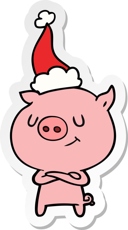 pegatina feliz caricatura de un cerdo con gorro de Papá Noel vector