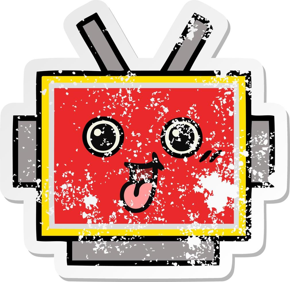 distressed sticker of a cute cartoon robot head vector