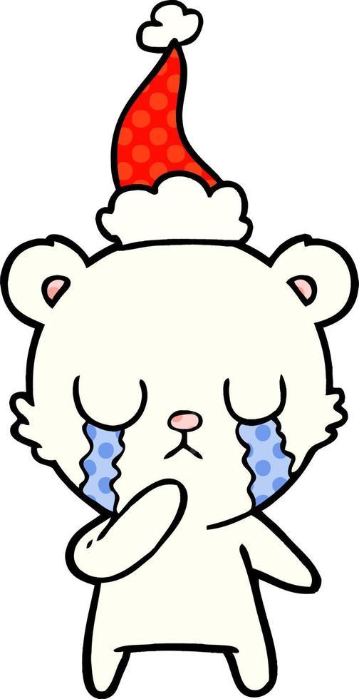 crying polar bear comic book style illustration of a wearing santa hat vector