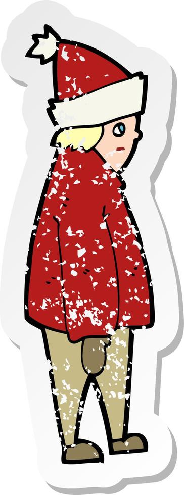 pegatina retro angustiada de un caricaturista con ropa de invierno vector