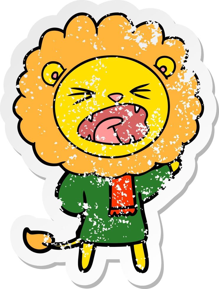 distressed sticker of a cartoon lion in winter clothes vector