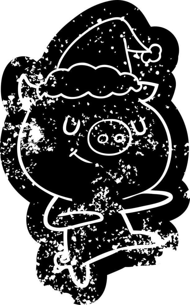 happy cartoon distressed icon of a pig dancing wearing santa hat vector
