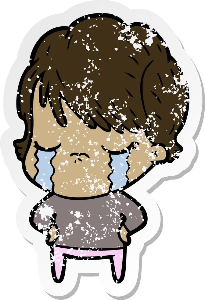 distressed sticker of a cartoon woman crying vector