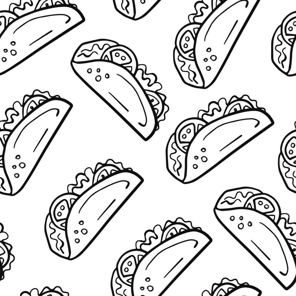 Taco seamless pattern in doodle style vector