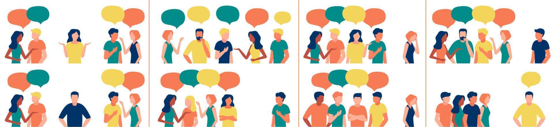 comunicación, la gente habla en grupo, trabaja en equipo. redes sociales, chat, discusión. actitud respetuosa y relación indiferente. discriminación, indiferencia al compañero de equipo. vector