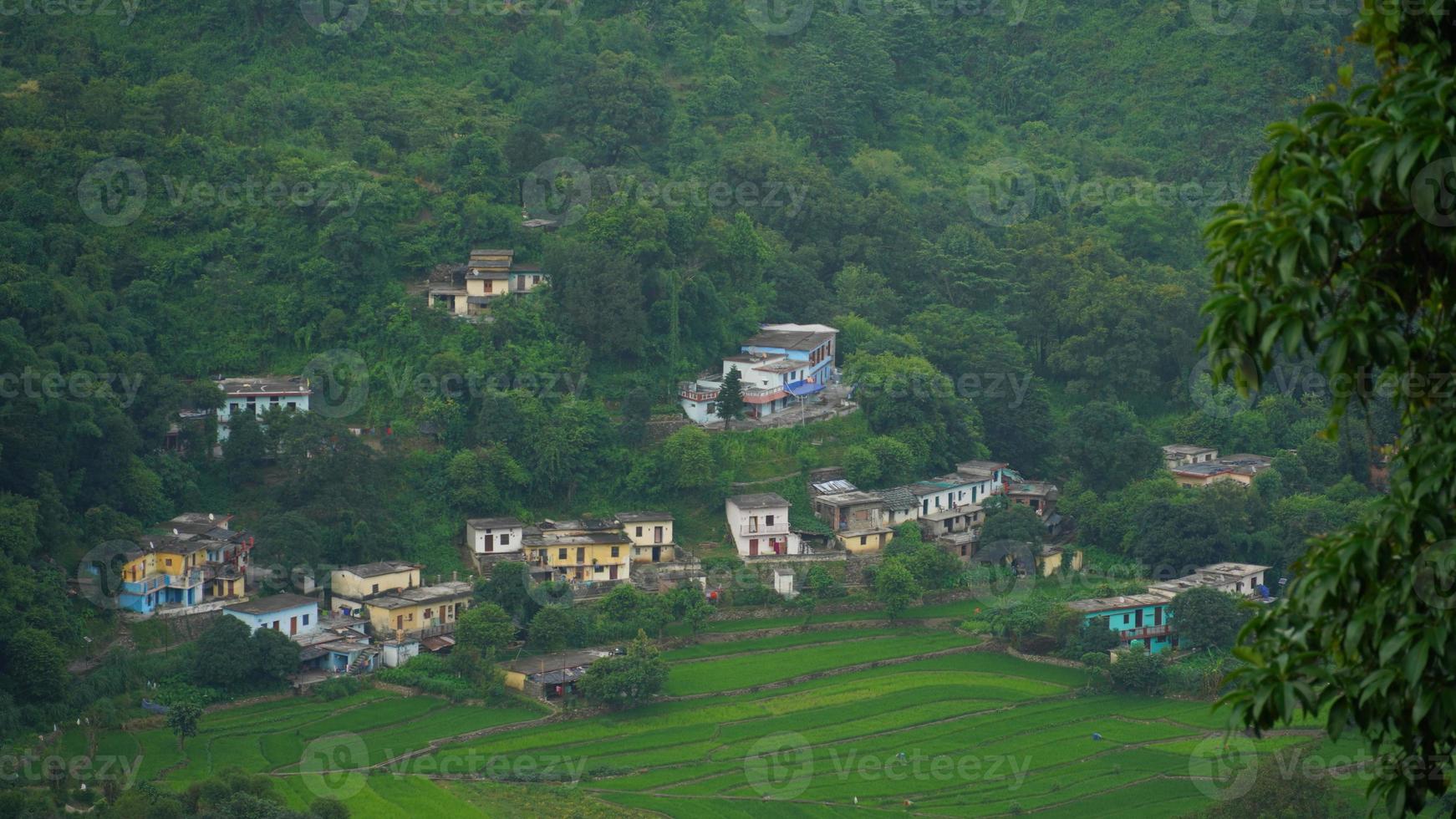 uttarakhand houses in green hills outdoor shoot hd. photo