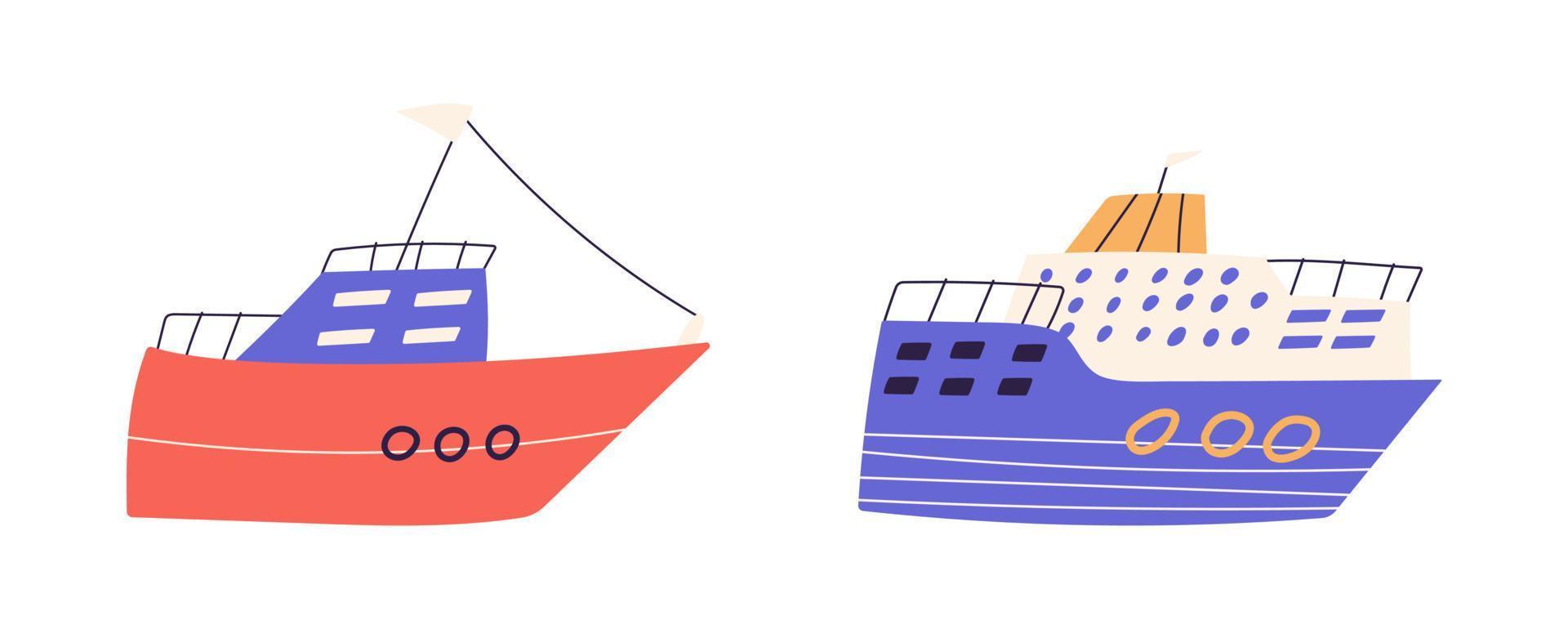 lindo conjunto de barcos o cruceros, ilustración vectorial plana de dibujos animados aislada en fondo blanco. embarcaciones marinas infantiles dibujadas a mano. concepto de vacaciones de verano. vector