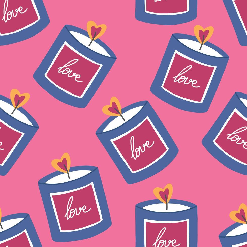 Colorful candle seamless pattern, flat vector illustration on pink background. Trendy wallpaper with aromatic love candle in glass jar. Great for wrapping paper.