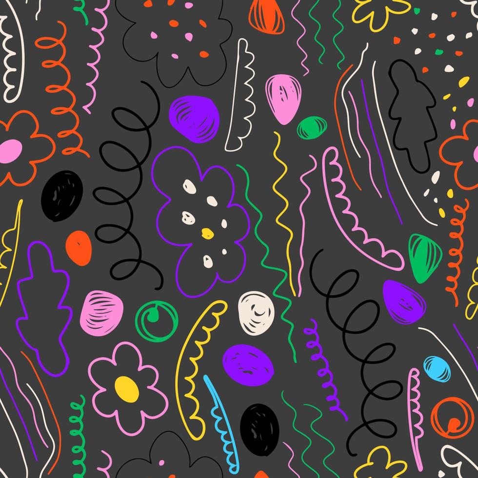Seamless pattern of abstract vector colors of waves, squiggles and seeds drawn in doodle style.