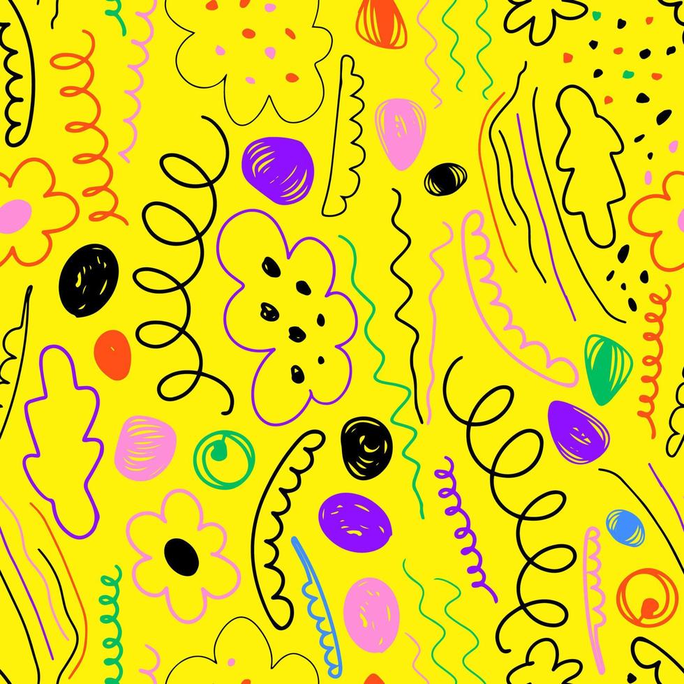 Seamless pattern of abstract vector colors of waves, squiggles and seeds drawn in doodle style.