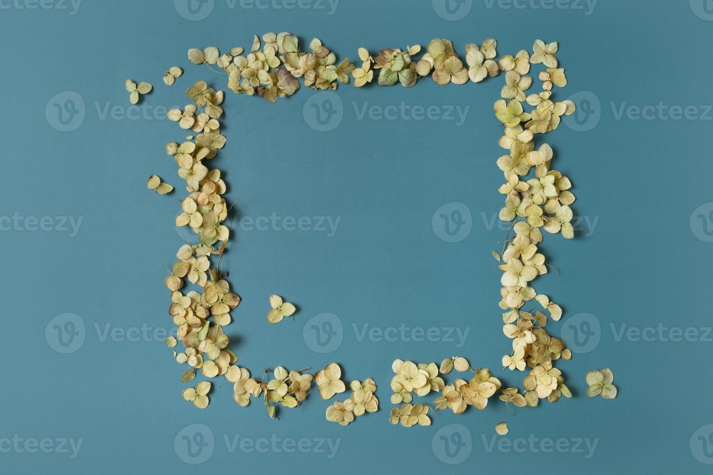 Golden frame and dried hydrangea flowers on a green background. Vertical format. Flat lay, top view, copy space photo