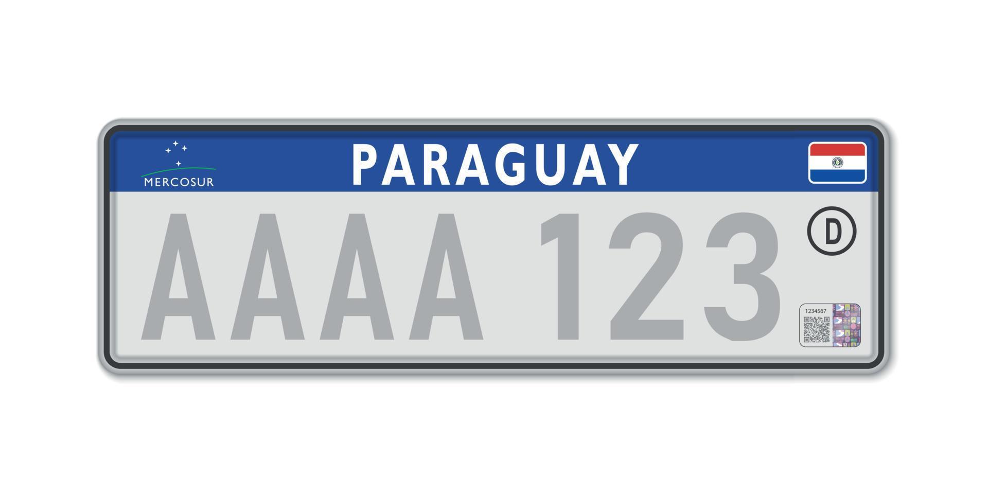 Car number plate . Vehicle registration license of Paraguay vector
