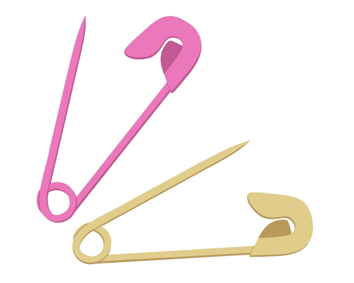 Two colored opened safety pins, golden and pink. Vector isolated illustration.