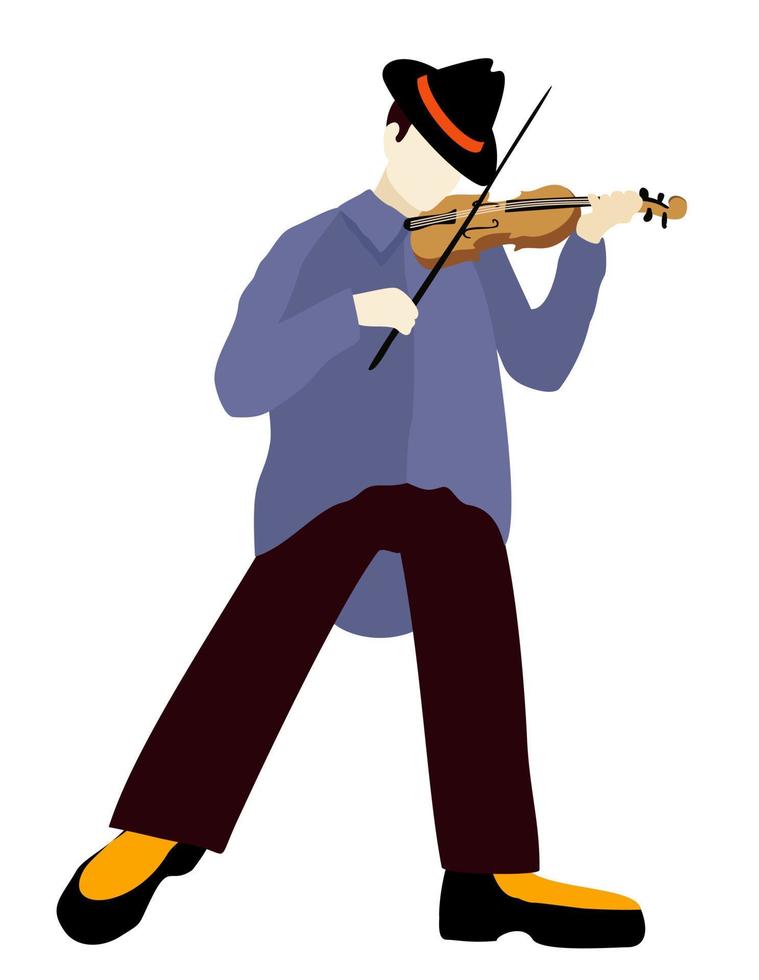 Vector illustration of violinist in fedora hat, blue shirt and dark trousers with violin. Isolated on white background.