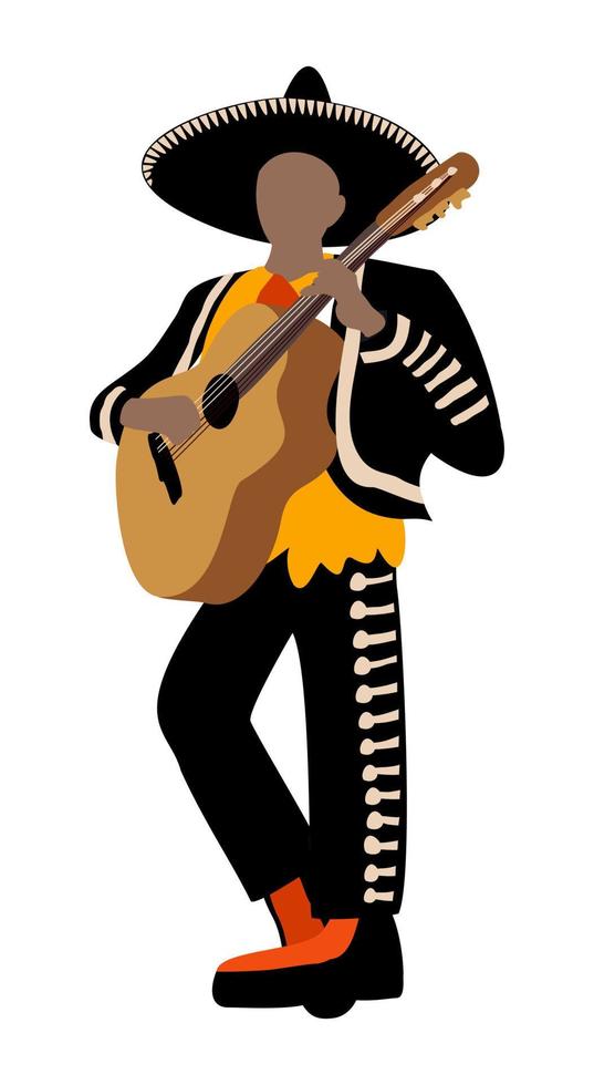 Vector illustration of mariacho in beautiful black costume and sombrero playing guitar. Isolated on white background.