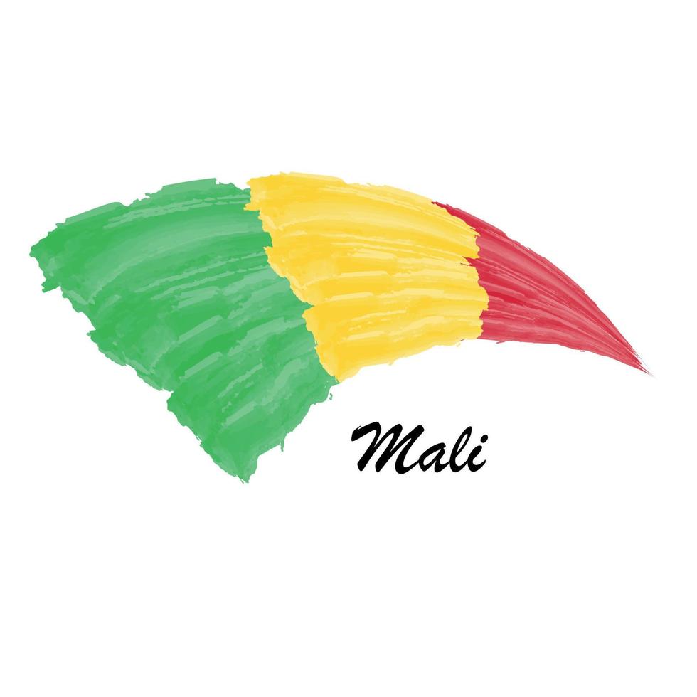 Watercolor painting flag of Mali. Brush stroke illustration vector