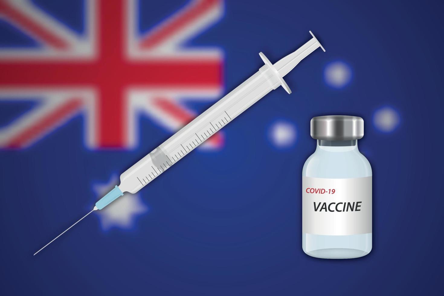 jeringa y vial de vacuna sobre fondo borroso con bandera de australia vector
