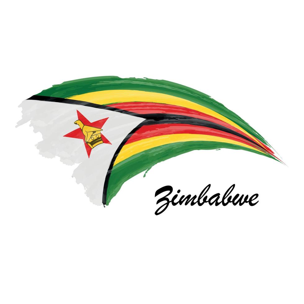 Watercolor painting flag of Zimbabwe. Brush stroke illustration vector