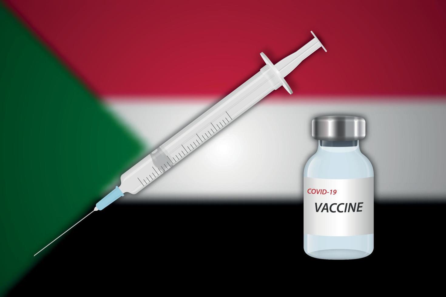 Syringe and vaccine vial on blur background with Sudan flag, vector