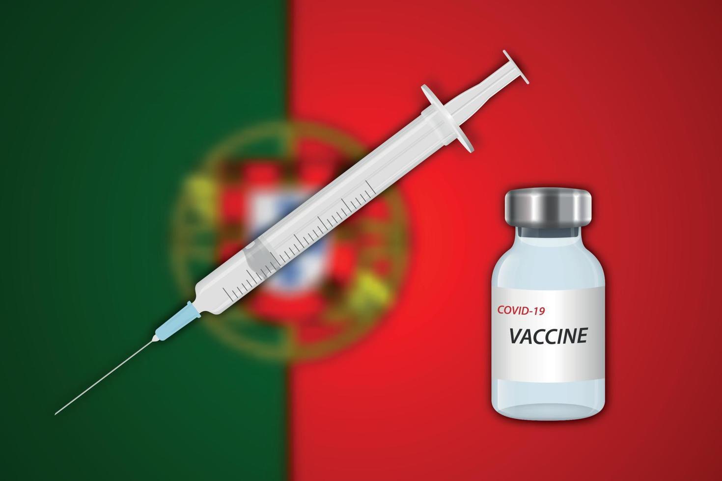 jeringa y vial de vacuna sobre fondo borroso con bandera de portugal vector