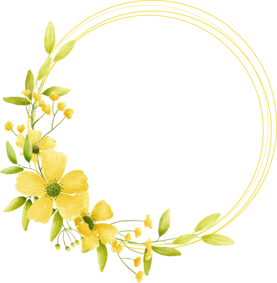 marco circular flor amarilla acuarela floral con círculo dorado