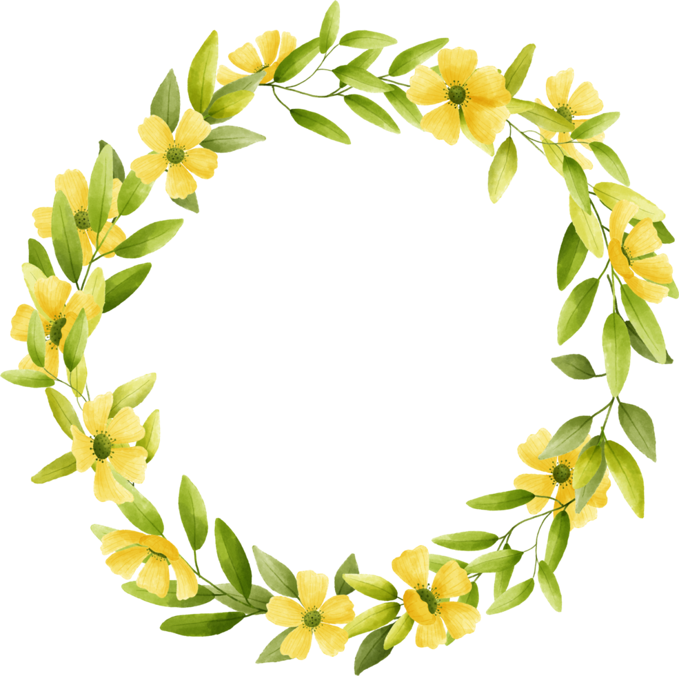 Circle frame yellow flower floral watercolor with gold circle. png