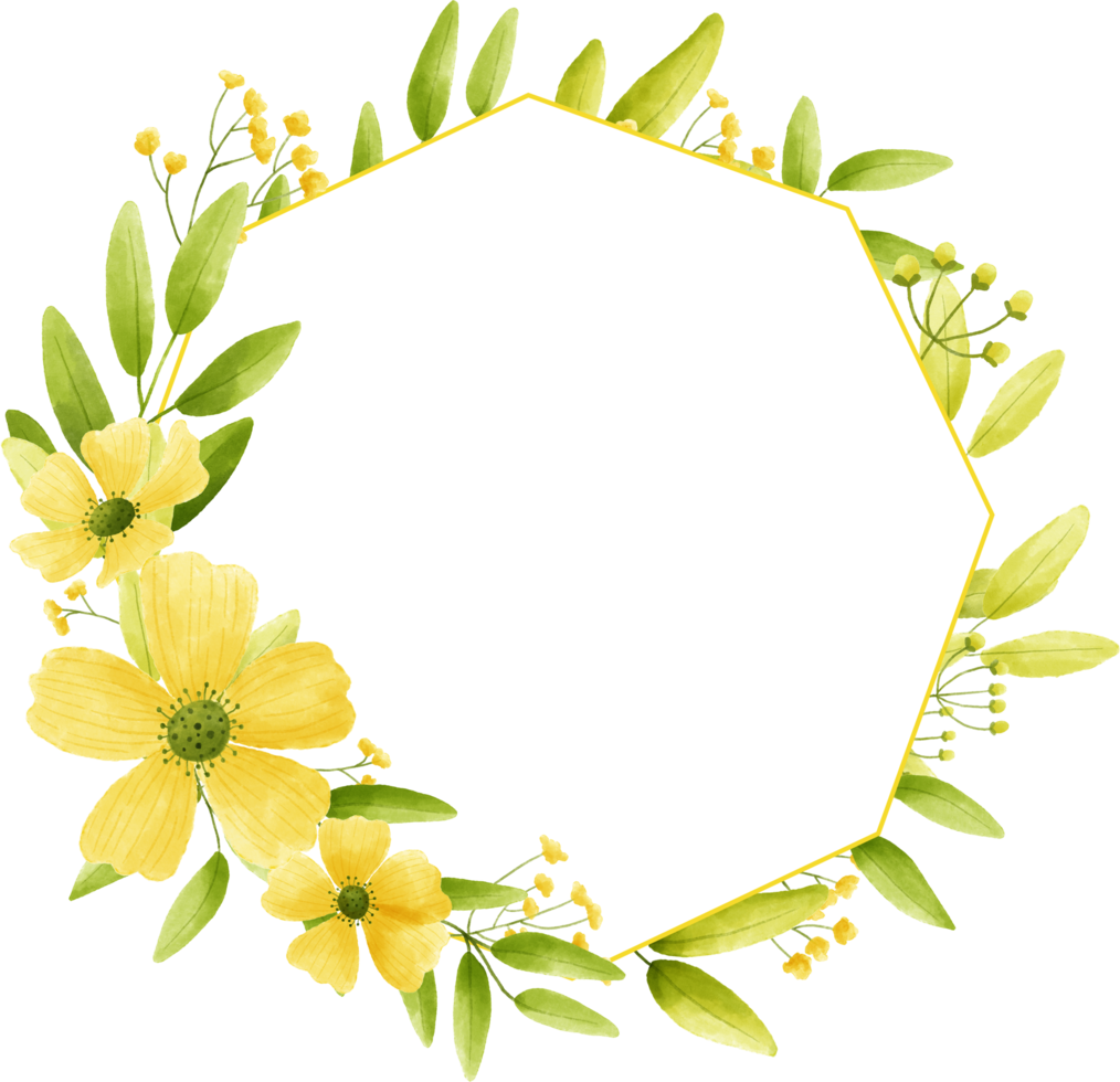 Circle frame yellow flower floral watercolor with gold circle. png