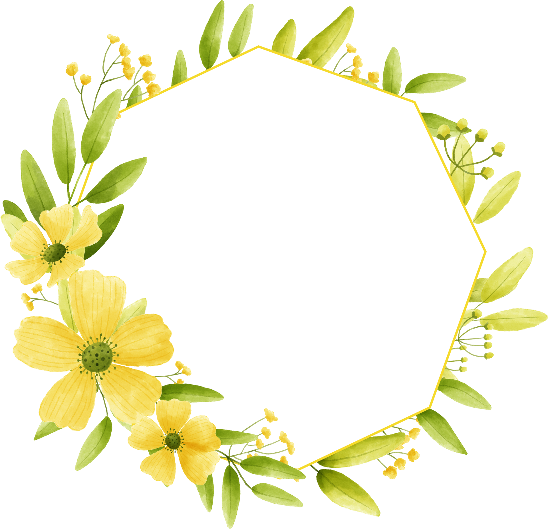 Circle frame yellow flower floral watercolor with gold circle