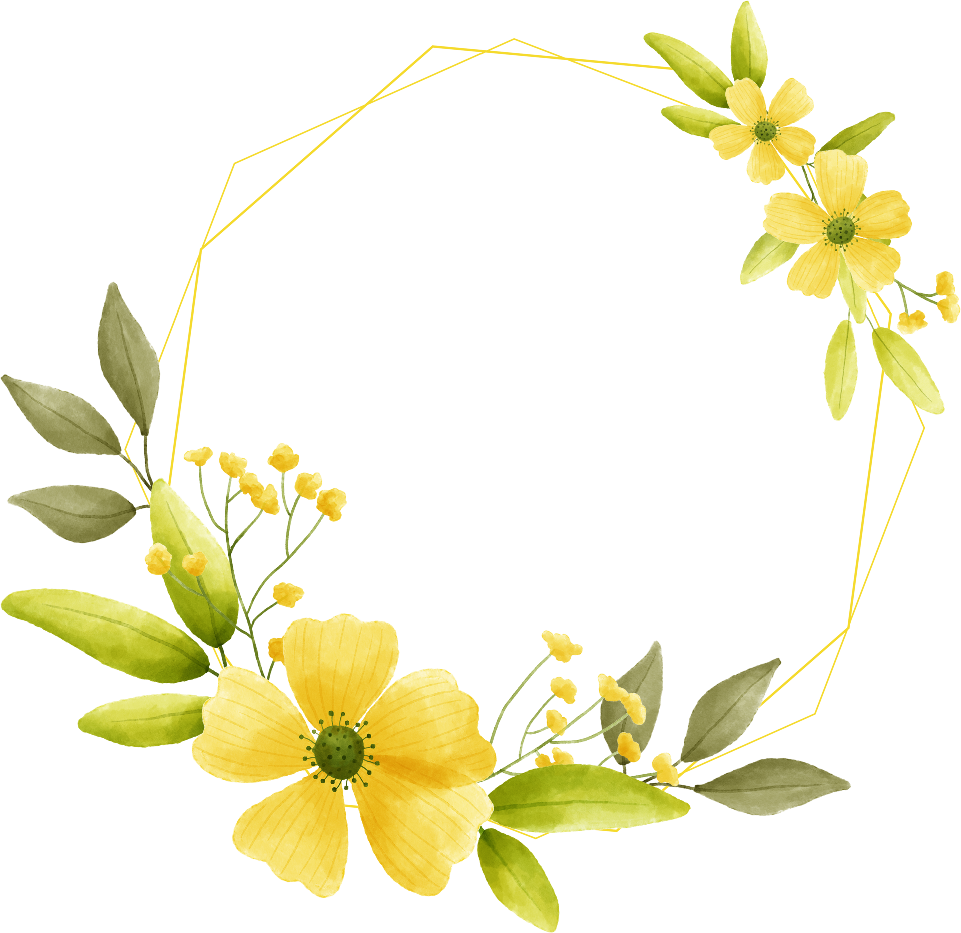 quadro de círculo flor amarela aquarela floral com círculo de ouro