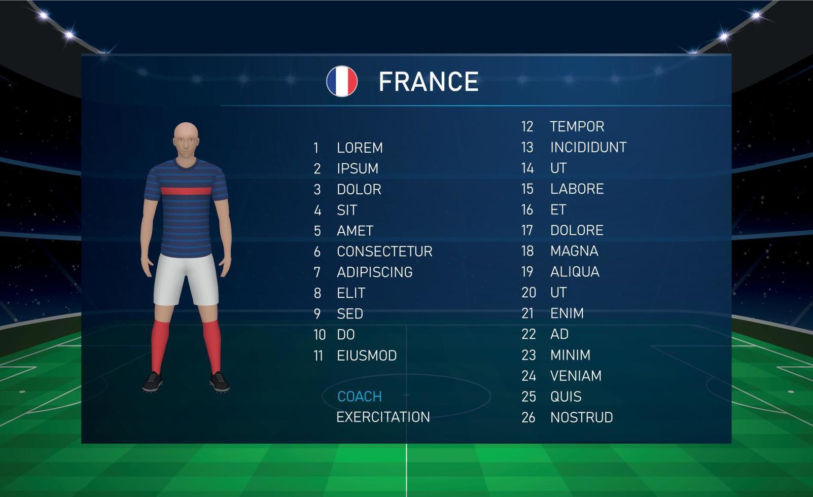 Football scoreboard broadcast graphic with squad soccer team France vector