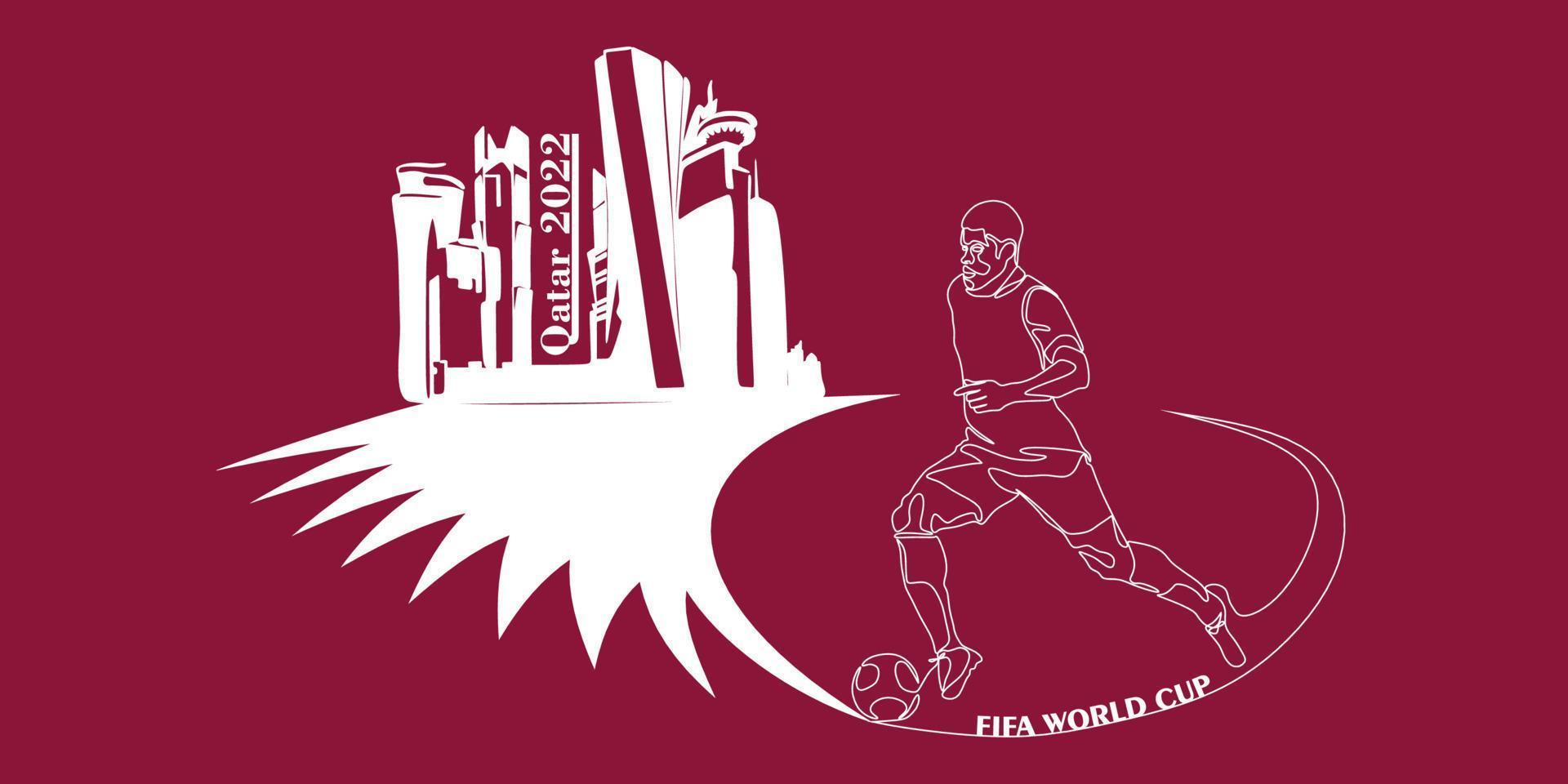 World Cup in Qatar in 2022 banner. Stylized Vector isolated illustration with football or soccer player with the ball on the background of the capital Doha skyline city with its skyscrapers.