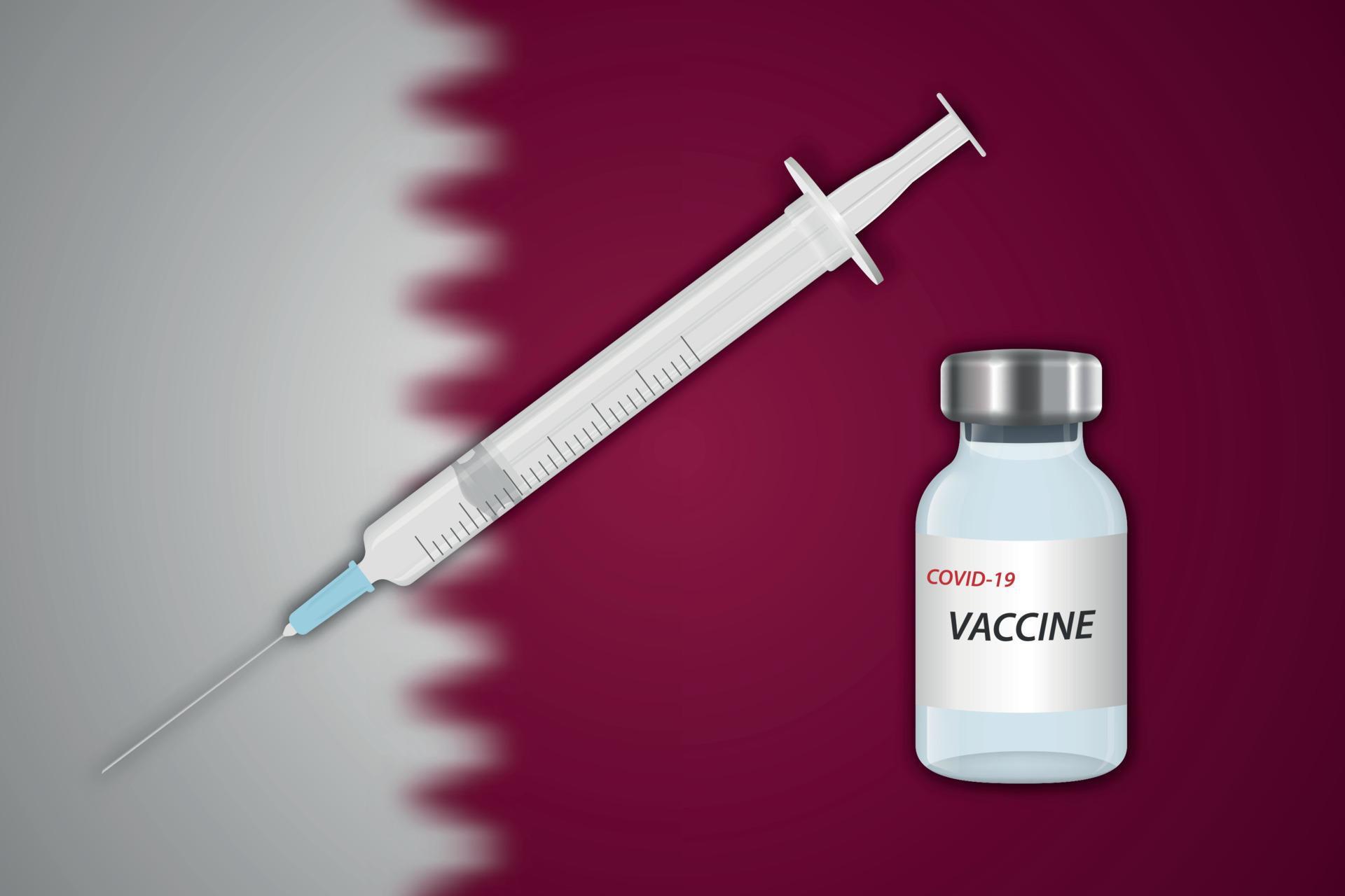 Syringe and vaccine vial on blur background with Qatar flag 11306742