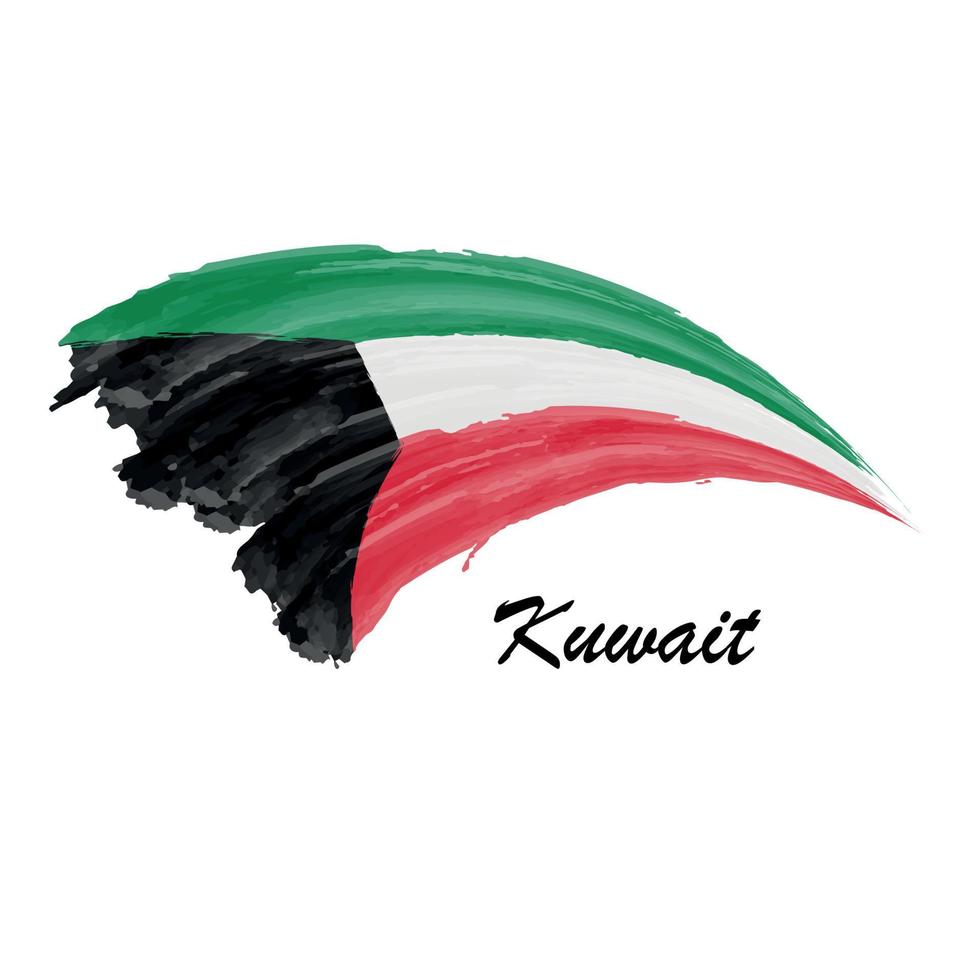 Watercolor painting flag of Kuwait. Brush stroke illustration vector