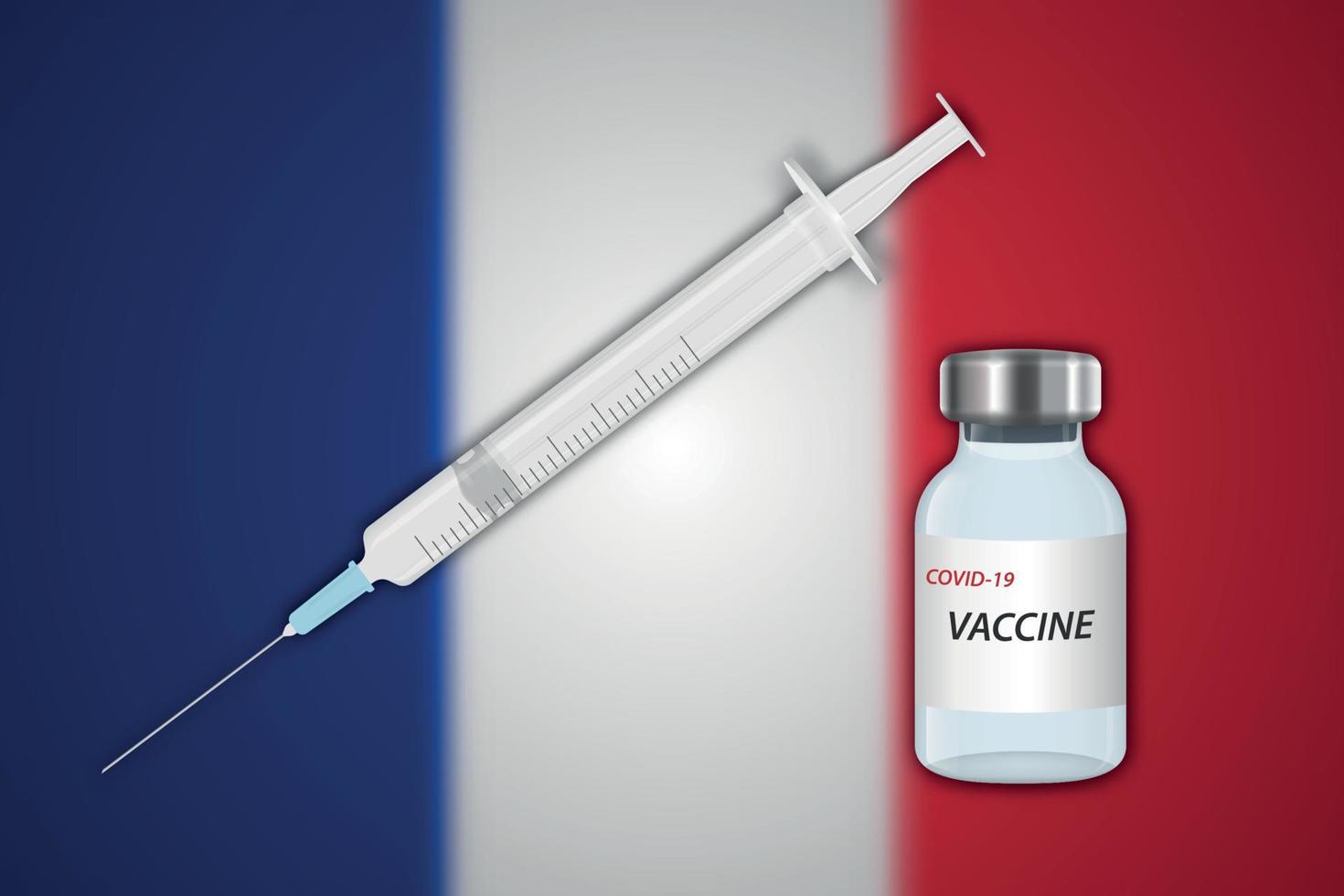Jeringa y vial de vacuna sobre fondo borroso con bandera de Francia vector