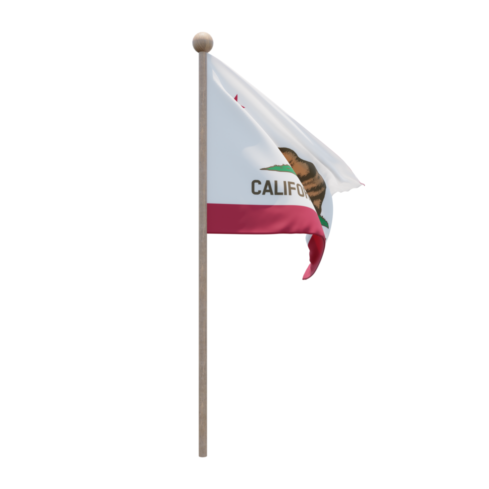 California 3d illustration flag on pole. Wood flagpole png