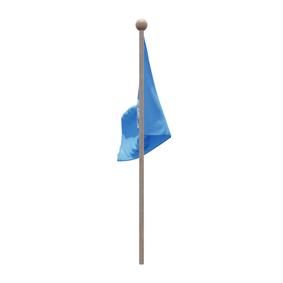 3D-Darstellung der Vereinten Nationen Flagge auf der Stange. Fahnenmast aus Holz png