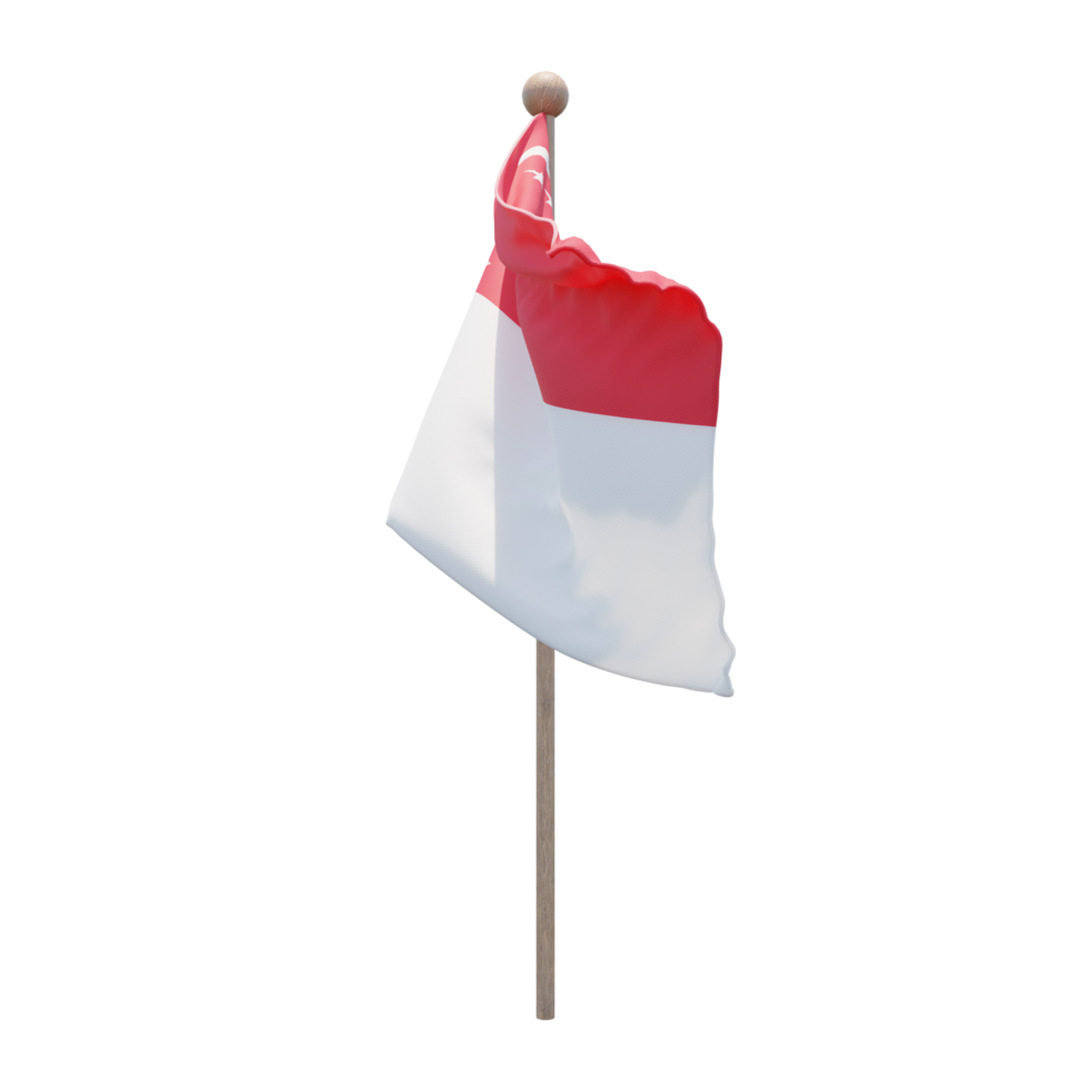 Singapore 3d illustration flag on pole. Wood flagpole png