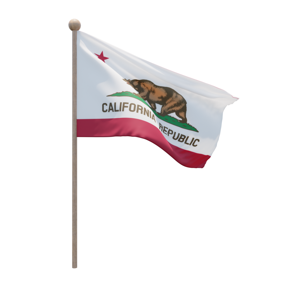 California 3d illustration flag on pole. Wood flagpole png