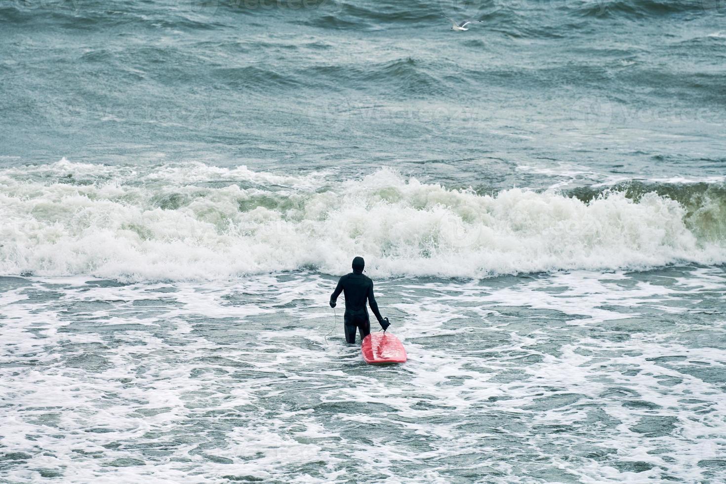 Male surfer in swimsuit in sea with red surfboard photo