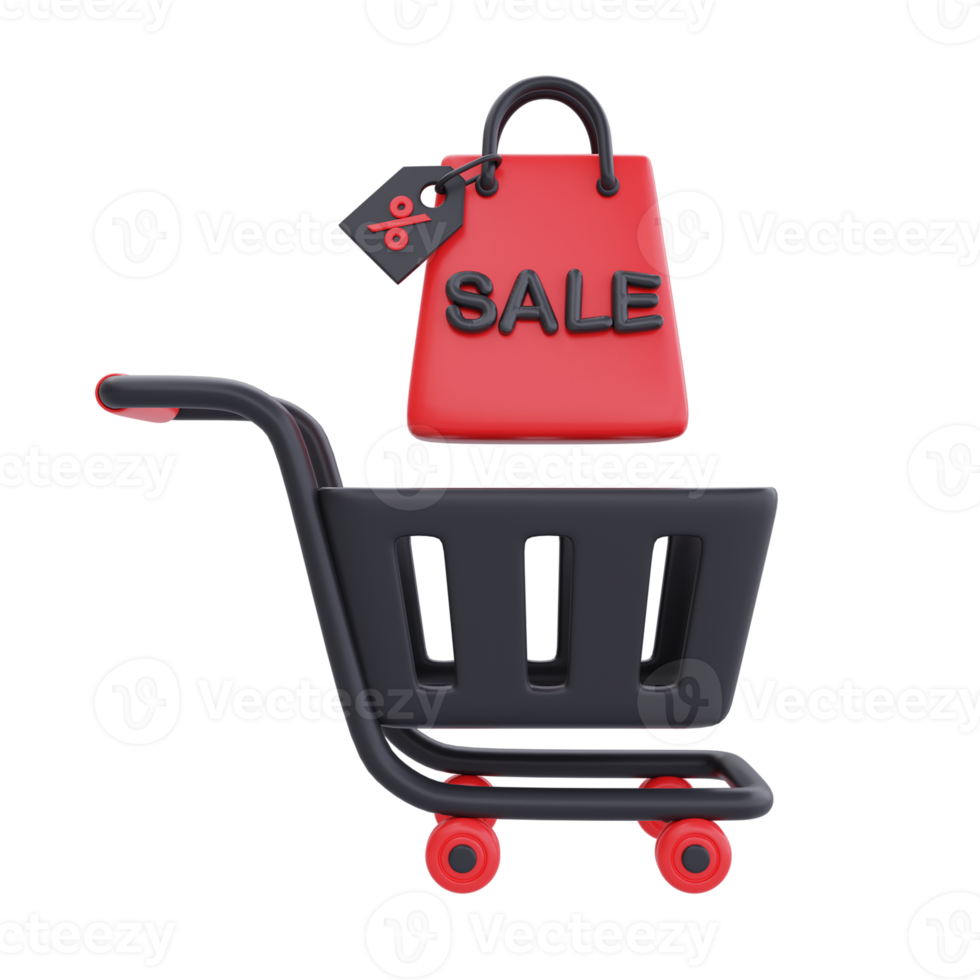 super venta de viernes negro con carrito de compras y bolsas, promoción de navidad y feliz año nuevo, representación 3d. png