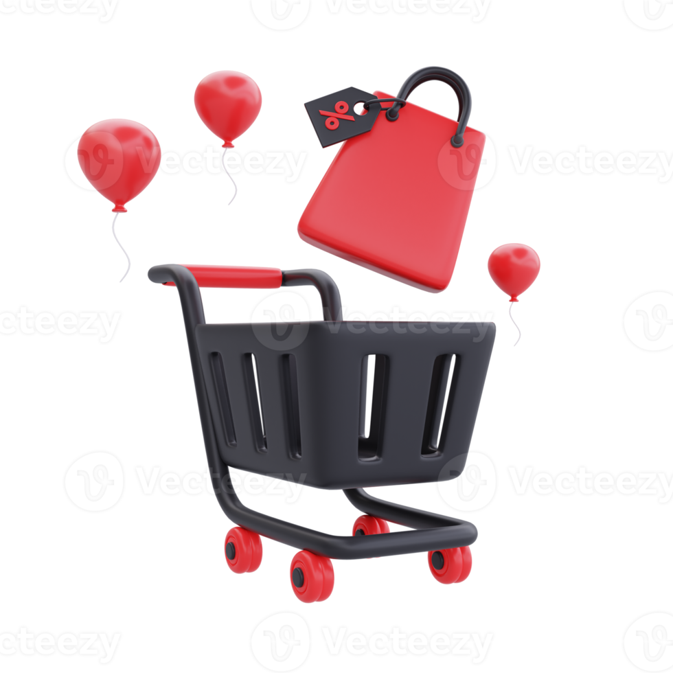 super venta de viernes negro con carrito de compras y bolsas, promoción de navidad y feliz año nuevo, representación 3d. png