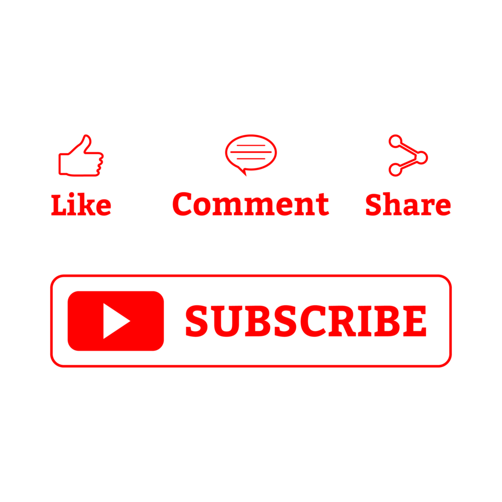 Red subscribe button PNG image with like, comment, and share icons. Social media icons PNG on a transparent background.