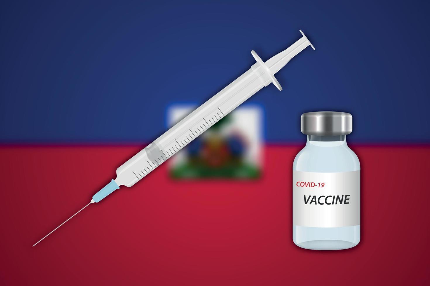 Syringe and vaccine vial on blur background with Haiti flag, vector