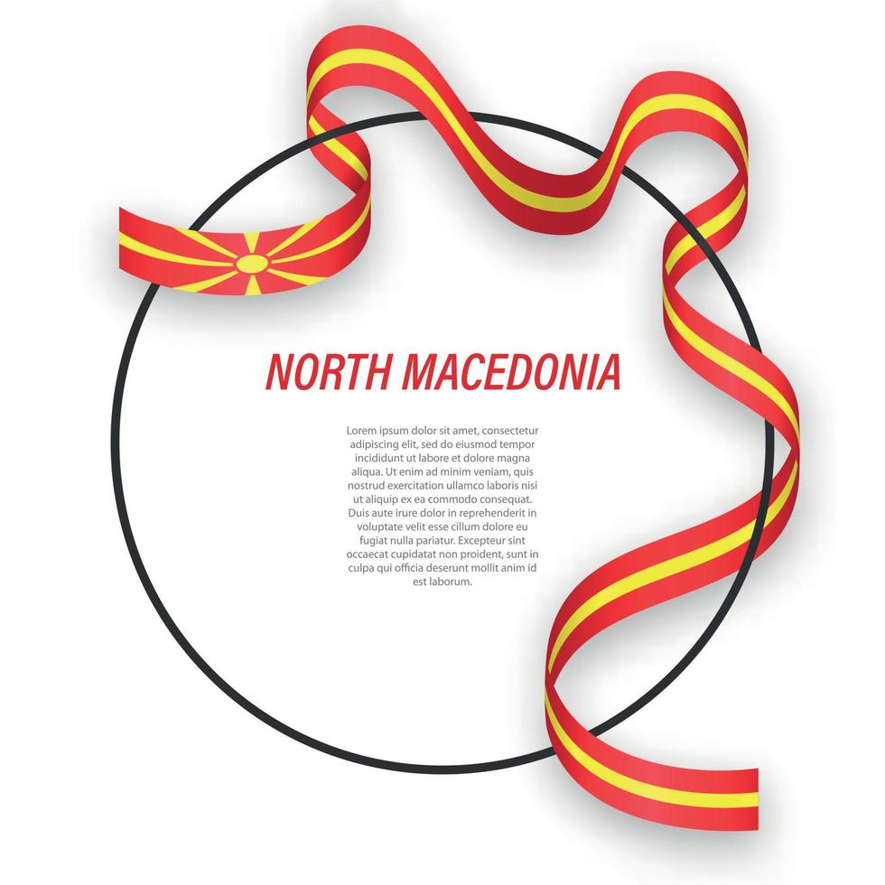 Waving ribbon flag of North Macedonia on circle frame. Template vector