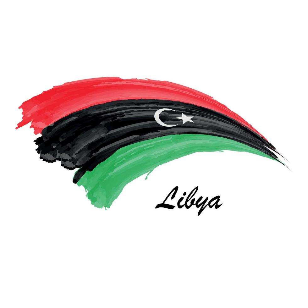 Watercolor painting flag of Libya. Brush stroke illustration vector