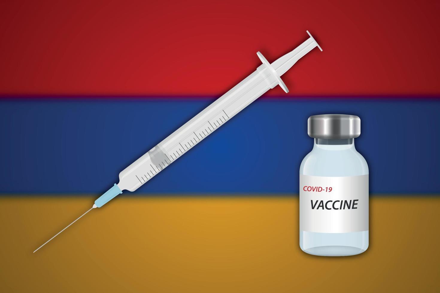 Syringe and vaccine vial on blur background with Armenia flag, vector