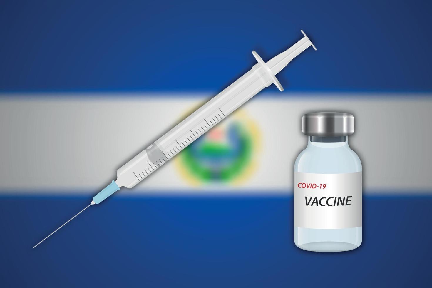 Syringe and vaccine vial on blur background with El Salvador fla vector