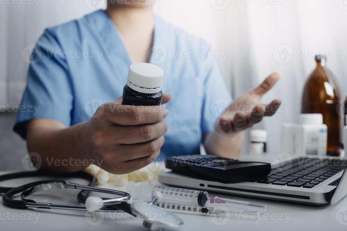 Double exposure of technology healthcare And Medicine concept. Doctors using digital tablet and modern virtual screen interface icons panoramic banner, blurred background. photo