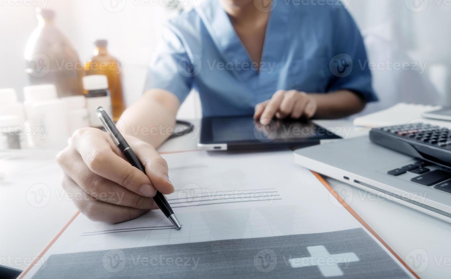 Medicine doctor and stethoscope touching icon medical network connection with modern interface on digital tablet in hospital background. Medical technology network concept photo
